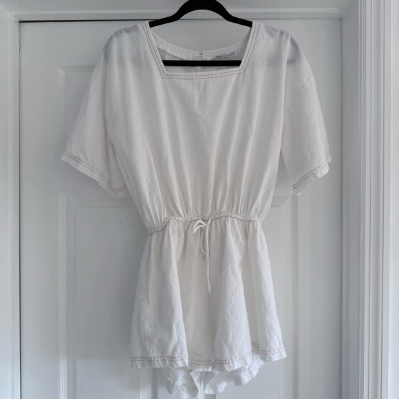 SABO SKIRT White Cotton Linen Contrast Stitch Tie Waist Romper Playsuit … - Picture 3 of 10